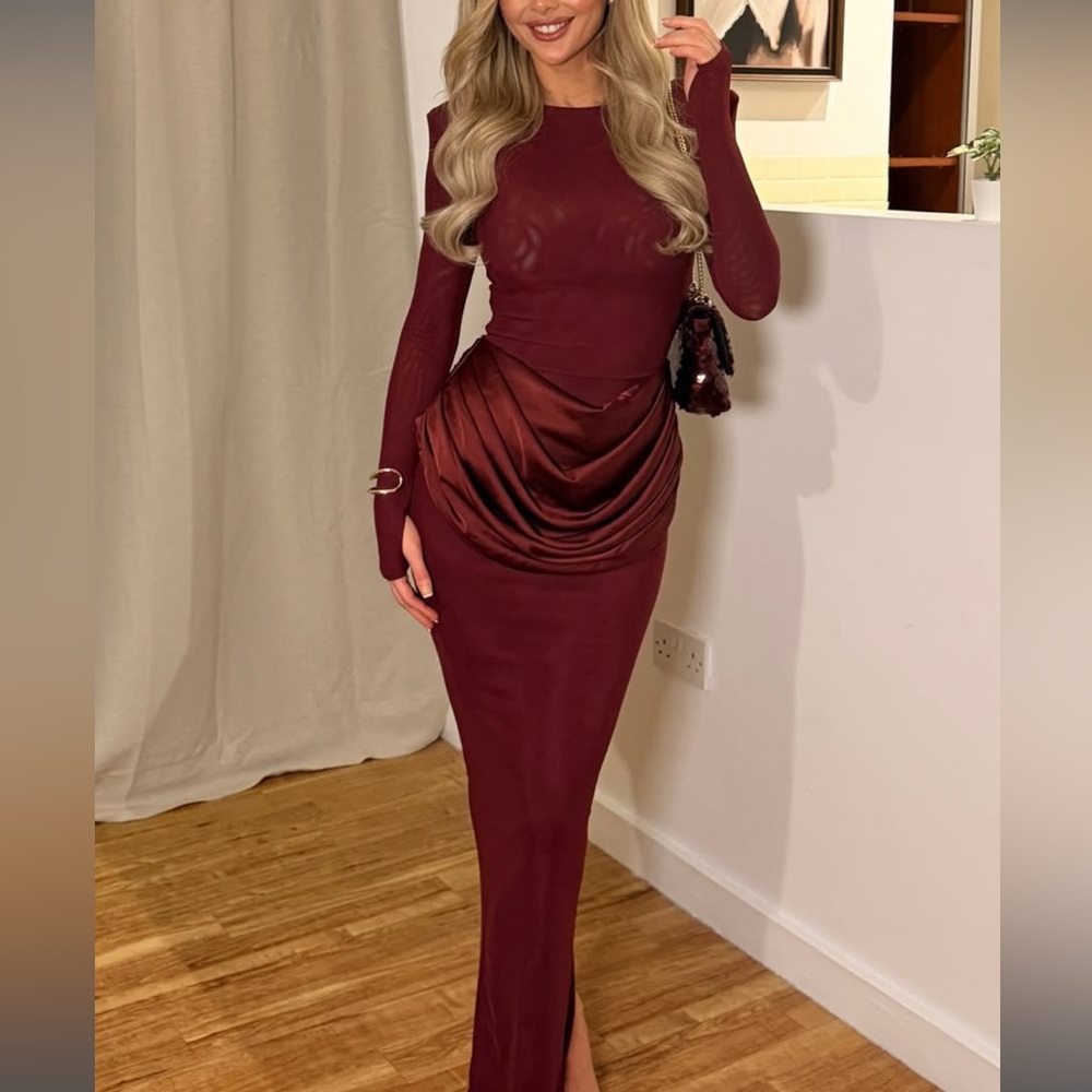 ASOS - Wanderdoll burgundy long sleeve Eman dress mesh maxi dress draped waist - Picture 12 of 14